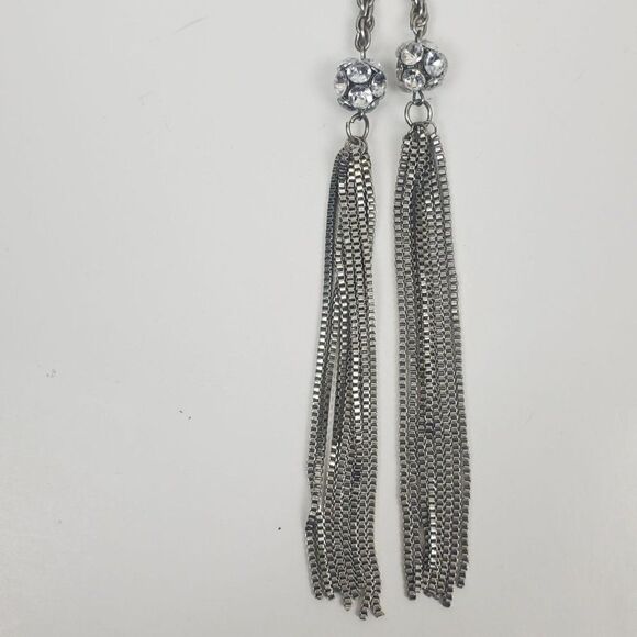 Vintage Silver Tone Rope Chain Box Tassel Round Clear Ball Lariat Opera Necklace - Picture 5 of 11